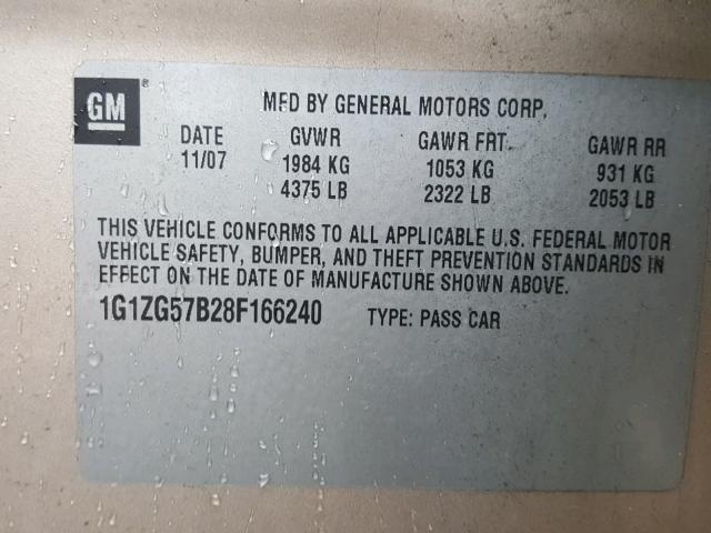 1G1ZG57B28F166240 - 2008 CHEVROLET MALIBU LS 米色 照片 10