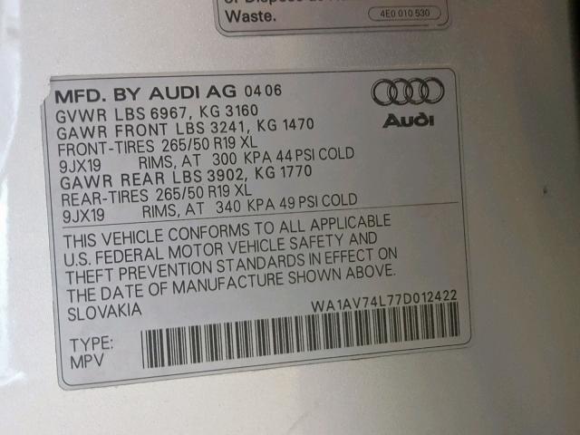 WA1AV74L77D012422 - 2007 AUDI Q7 4.2 QUA SILVER photo 10