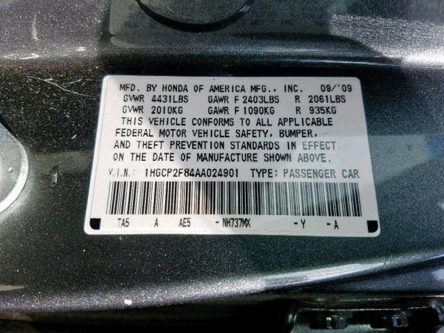 1HGCP2F84AA024901 - 2010 HONDA ACCORD EXL GRAY photo 10