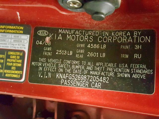 KNAFG526987205482 - 2008 KIA RONDO LX RED photo 10