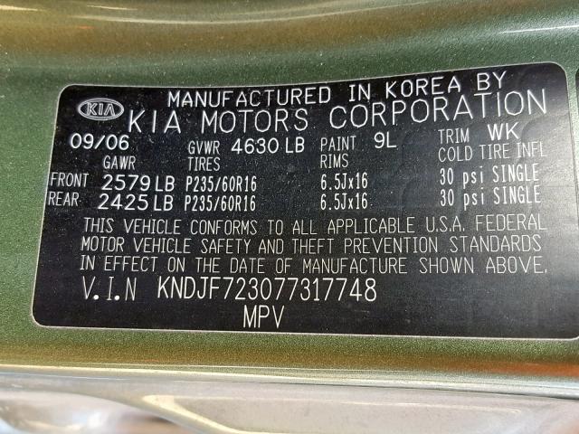 KNDJF723077317748 - 2007 KIA SPORTAGE E GREEN photo 10