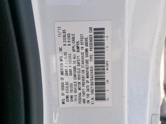 1HGCT1B87EA004904 - 2014 HONDA ACCORD EXL WHITE photo 10