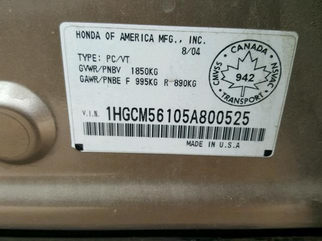 1HGCM56105A800525 - 2005 HONDA ACCORD DX GOLD photo 10