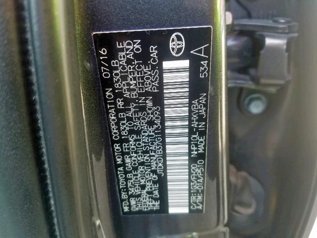 JTDKDTB37G1134093 - 2016 TOYOTA PRIUS C GRAY photo 10