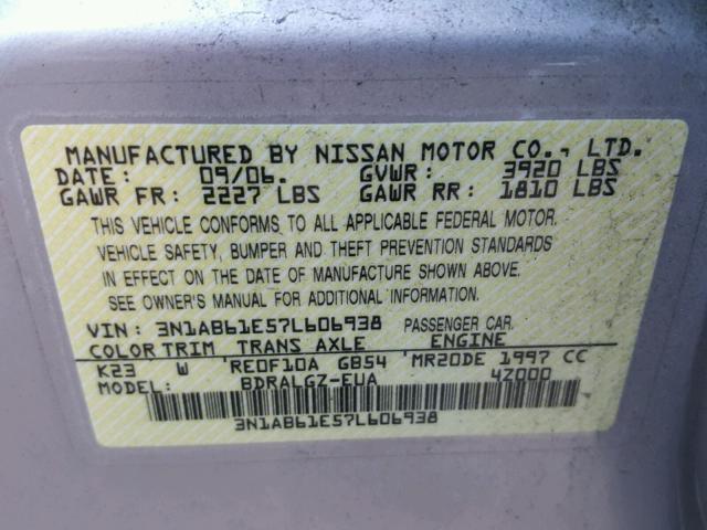 3N1AB61E57L606938 - 2007 NISSAN SENTRA 2.0 SILVER photo 10