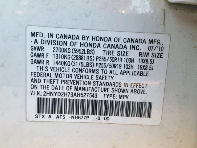 2HNYD2H73AH527543 - 2010 ACURA MDX ADVANC WHITE photo 10