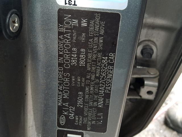 KNAFU4A27C5632584 - 2012 KIA FORTE EX GRAY photo 10