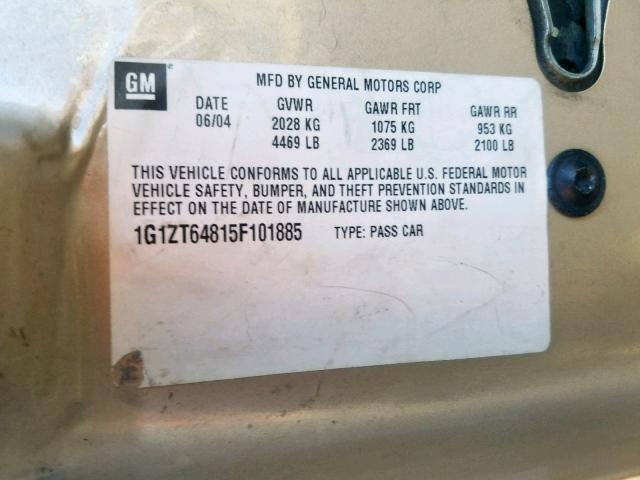 1G1ZT64815F101885 - 2005 CHEVROLET MALIBU MAX 金色 照片 10