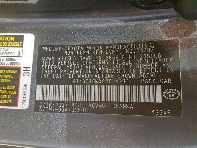 4T4BE46KX8R014231 - 2008 TOYOTA CAMRY CE CHARCOAL photo 10