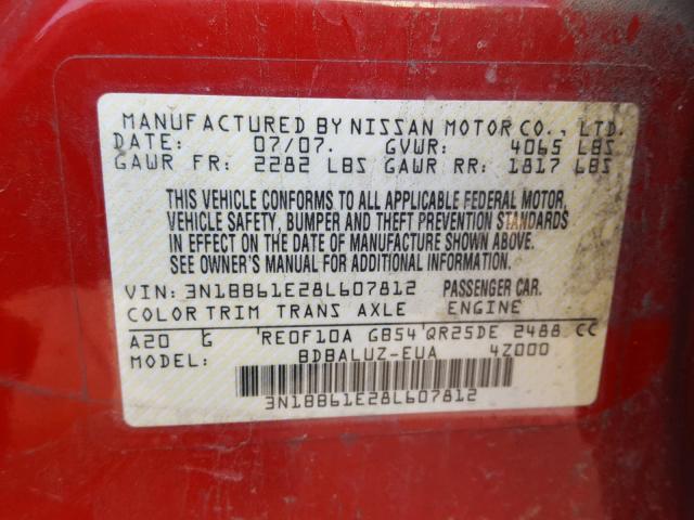 3N1BB61E28L607812 - 2008 NISSAN SENTRA SE- RED photo 10