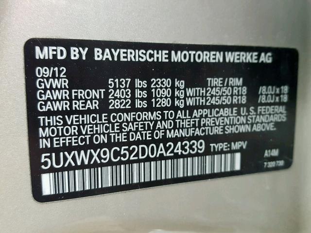 5UXWX9C52D0A24339 - 2013 BMW X3 XDRIVE2 SILVER photo 10