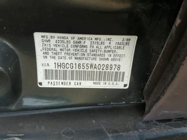 1HGCG1655WA028978 - 1999 HONDA ACCORD GREEN photo 10