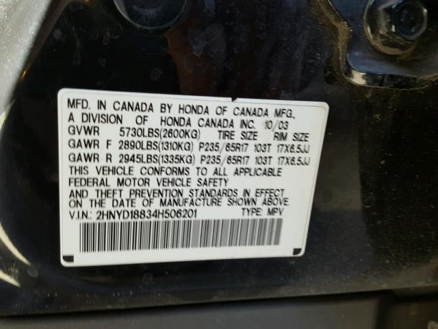 2HNYD18834H506201 - 2004 ACURA MDX TOURIN BLACK photo 10