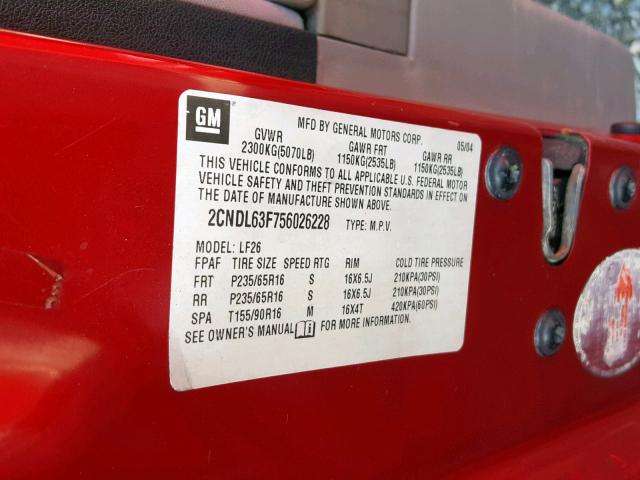 2CNDL63F756026228 - 2005 CHEVROLET EQUINOX LT RED photo 10