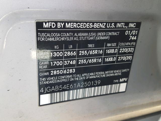 4JGAB54E61A250139 - 2001 MERCEDES-BENZ ML 320 SILVER photo 10