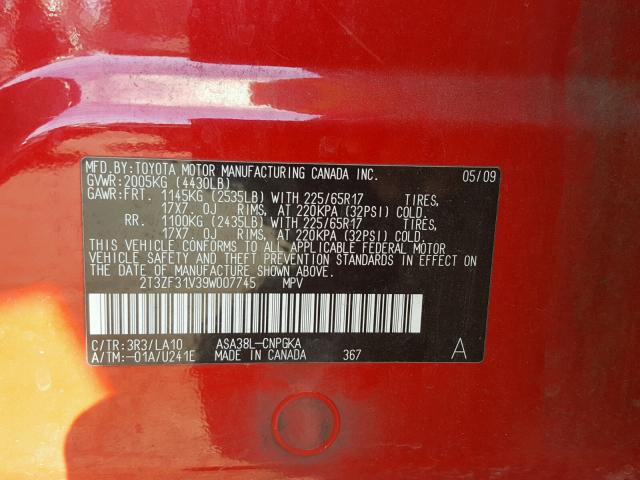 2T3ZF31V39W007745 - 2009 TOYOTA RAV4 LIMIT RED photo 10