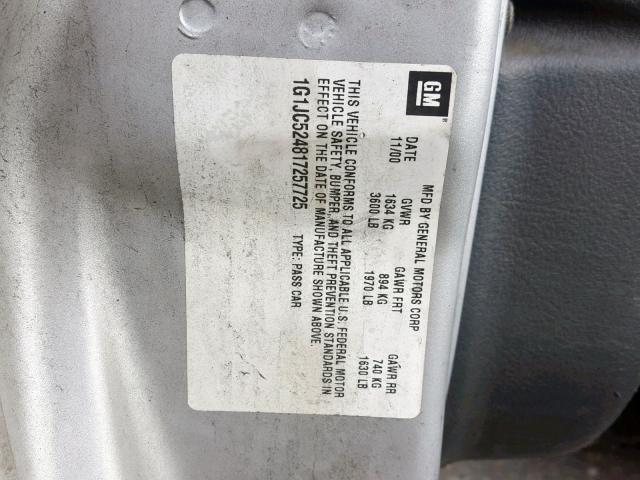 1G1JC524817257725 - 2001 CHEVROLET CAVALIER B SILVER photo 10