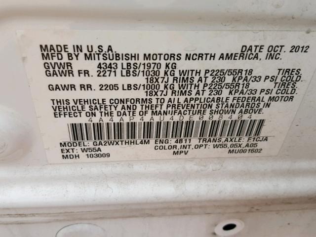 4A4AP4AU4DE008404 - 2013 MITSUBISHI OUTLANDER WHITE photo 10