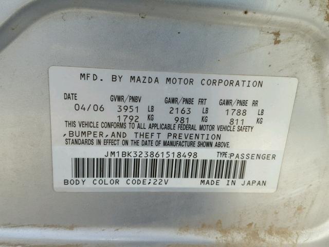 JM1BK323861518498 - 2006 MAZDA 3 S SILVER photo 10