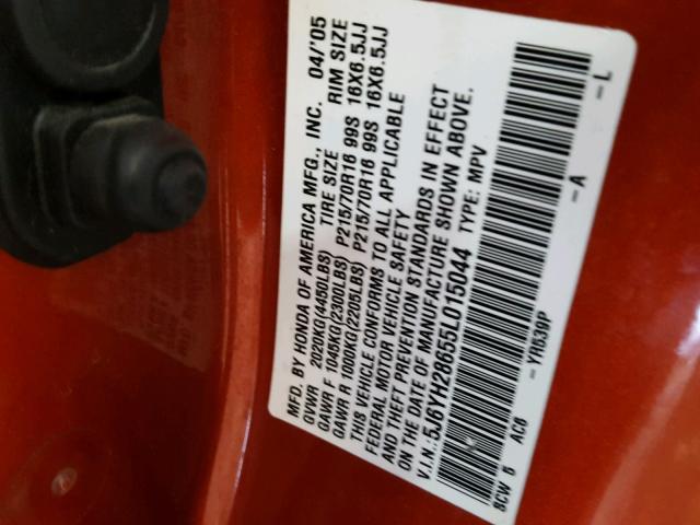 5J6YH28655L015044 - 2005 HONDA ELEMENT EX ORANGE photo 10