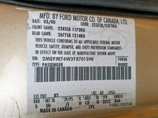 2MEFM74W3YX701598 - 2000 MERCURY GRAND MARQ TAN photo 10