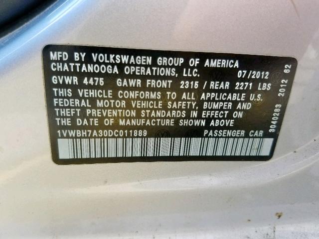 1VWBH7A30DC011889 - 2013 VOLKSWAGEN PASSAT SE SILVER photo 10