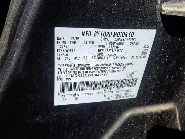 2FMDK38C27BA47644 - 2007 FORD EDGE SEL CHARCOAL photo 10