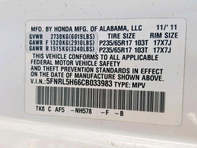 5FNRL5H66CB033983 - 2012 HONDA ODYSSEY EX WHITE photo 10