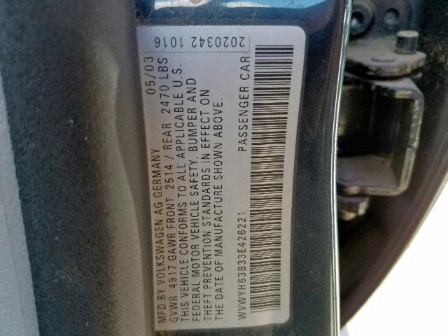 WVWYH63B33E426221 - 2003 VOLKSWAGEN PASSAT GLX GRAY photo 10