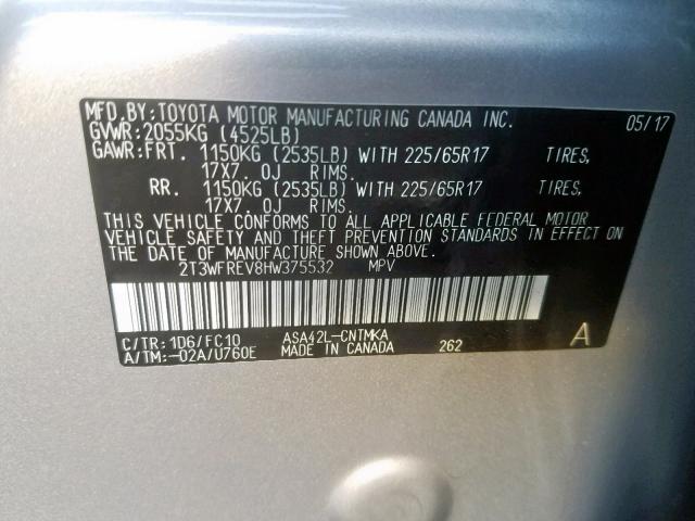 2T3WFREV8HW375532 - 2017 TOYOTA RAV4 XLE SILVER photo 10