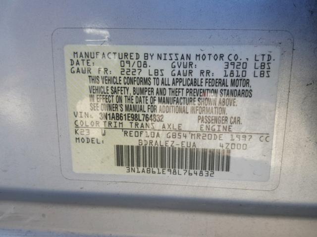 3N1AB61E98L764832 - 2008 NISSAN SENTRA 2.0 GRAY photo 10