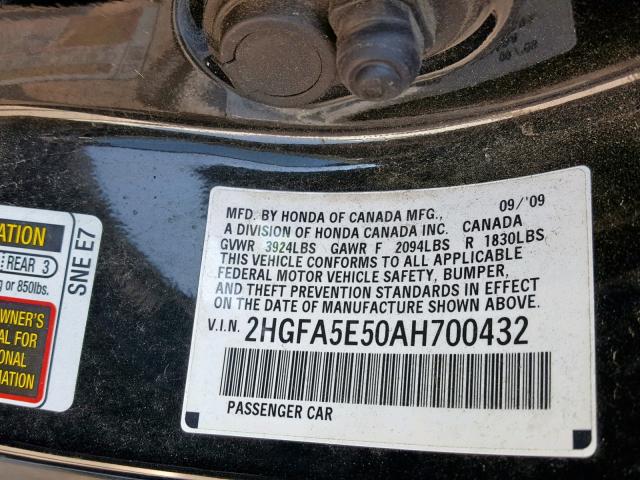 2HGFA5E50AH700432 - 2010 HONDA CIVIC SI BLACK photo 10