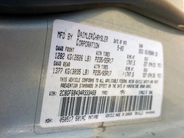 2C8GF68434R333469 - 2004 CHRYSLER PACIFICA BLUE photo 10