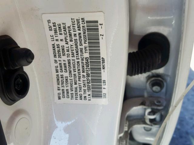 19XFB2F98FE240645 - 2015 HONDA CIVIC EXL 白色 照片 10