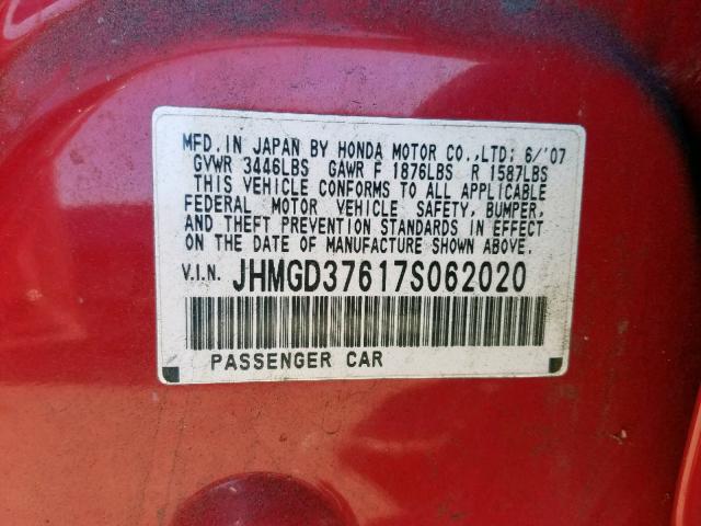 JHMGD37617S062020 - 2007 HONDA FIT S 红色 照片 10