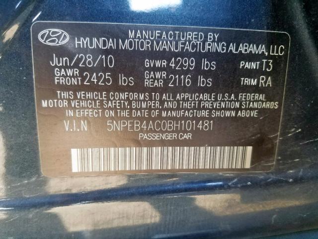 5NPEB4AC0BH101481 - 2011 HYUNDAI SONATA GLS BLUE photo 10