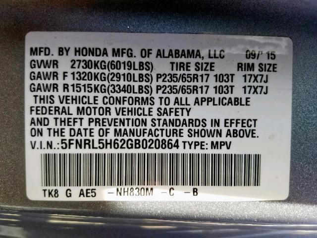 5FNRL5H62GB020864 - 2016 HONDA ODYSSEY EX SILVER photo 10