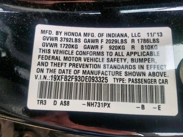 19XFB2F93DE093325 - 2013 HONDA CIVIC EXL 黑色 照片 10