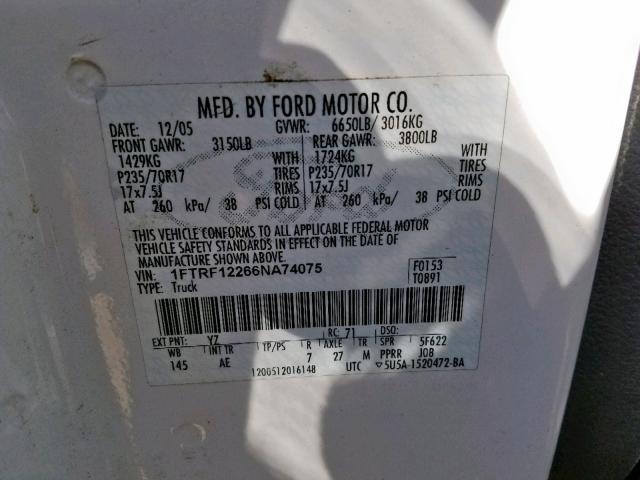 1FTRF12266NA74075 - 2006 FORD F150 WHITE photo 10