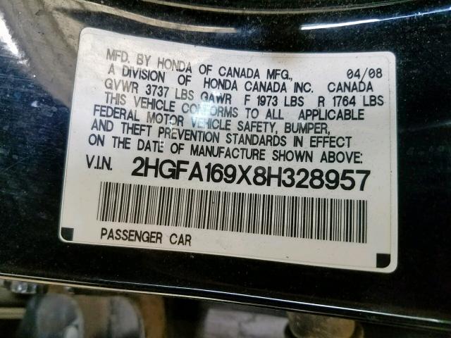 2HGFA169X8H328957 - 2008 HONDA CIVIC EXL 黑色 照片 10