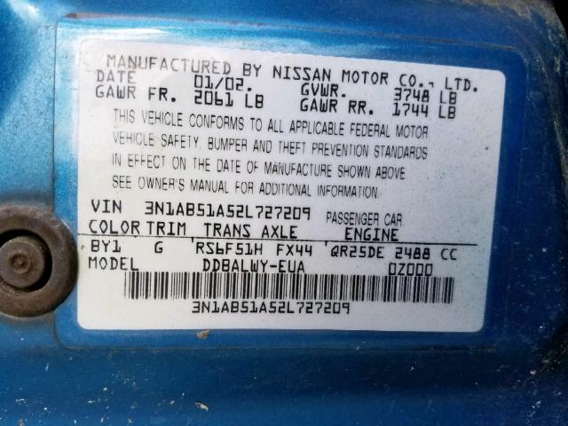 3N1AB51A52L727209 - 2002 NISSAN SENTRA SE- BLUE photo 10