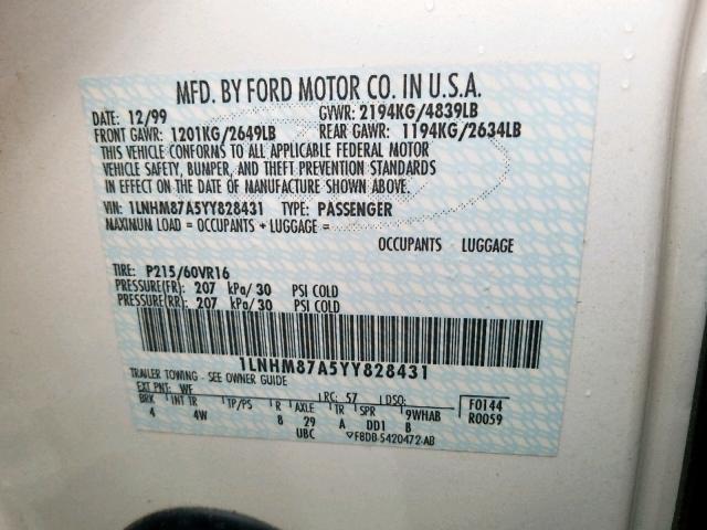 1LNHM87A5YY828431 - 2000 LINCOLN LS 白色 照片 10