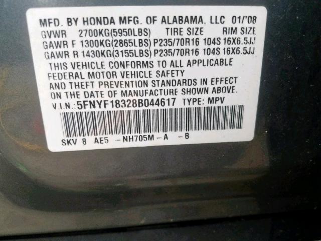 5FNYF18328B044617 - 2008 HONDA PILOT SE GRAY photo 10