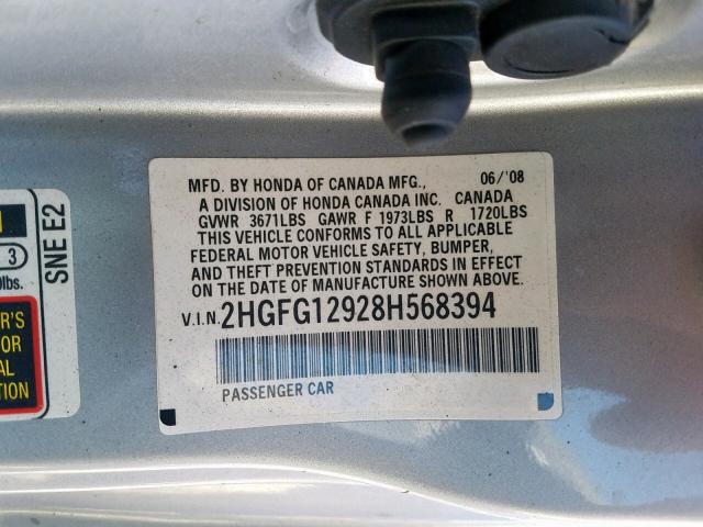 2HGFG12928H568394 - 2008 HONDA CIVIC EXL Gümüş foto 10