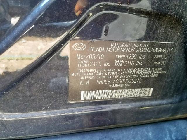 5NPEB4AC3BH029272 - 2011 HYUNDAI SONATA GLS BLACK photo 10