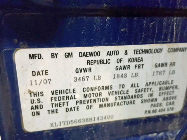 KL1TD56638B143400 - 2008 CHEVROLET AVEO BASE Mavi foto 10