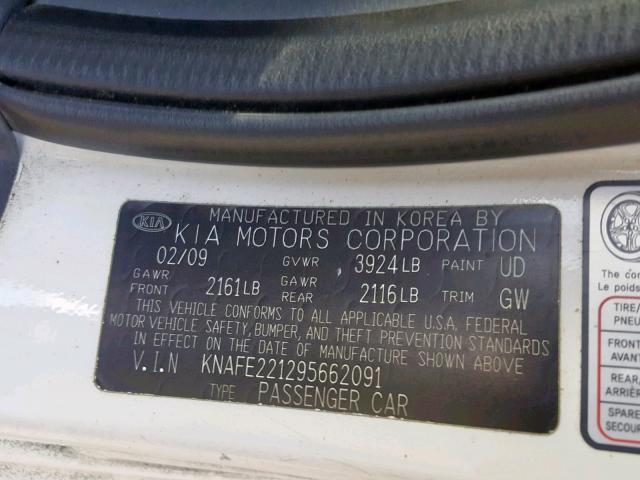 KNAFE221295662091 - 2009 KIA SPECTRA EX WHITE photo 10