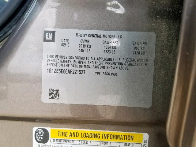 1G1ZE5E06AF221527 - 2010 CHEVROLET MALIBU LTZ ყავისფერი ფოტო 10