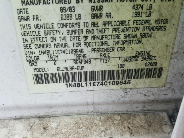 1N4BL11E74C109646 - 2004 NISSAN ALTIMA SE WHITE photo 10