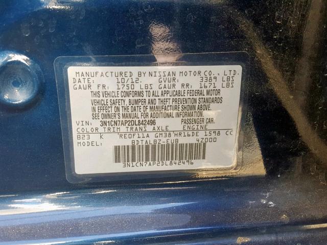 3N1CN7AP2DL842496 - 2013 NISSAN VERSA S BLUE photo 10